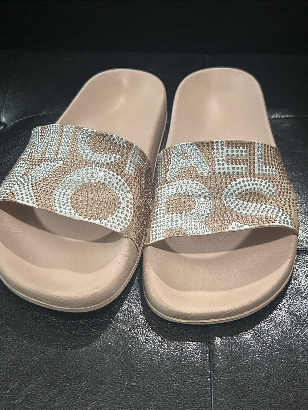 Michael Kors Rose Gold Crystal Logo Slide Sandals